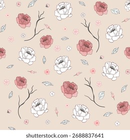 Patrón abstracto inconsútil de Japón Fondo floral tradicional oriental Alfombra de Fondo de pantalla Ropa que envuelve la textura de la Ilustración vectorial Impresión de la tela Damasco Flores Rosa Rosa Blanco