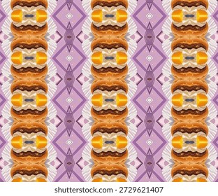 Padrão caleidoscópio abstrato sem costura com simetria de sobremesa em tons roxos e dourados, perfeito para fundo, textura, design, visuais modernos e abstratos.