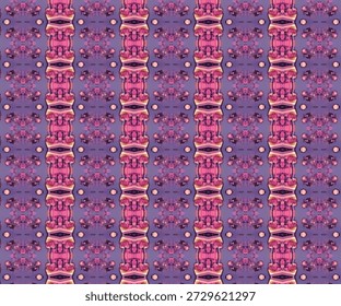 Padrão caleidoscópio abstrato sem emenda com simetria rosa e roxa, repetição geométrica, fundo trippy, textura de arte digital, design psicodélico moderno.
