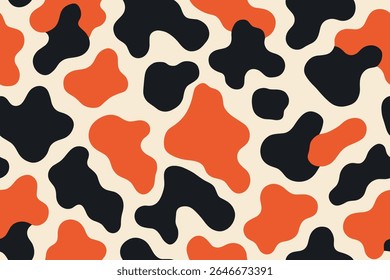 Seamless Abstract koi fish pattern featuring red and black patches on creamy background in flowing forms.