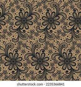 seamless abstract lace floral background. Black flowers on orange backgroung. Vector pattern.
