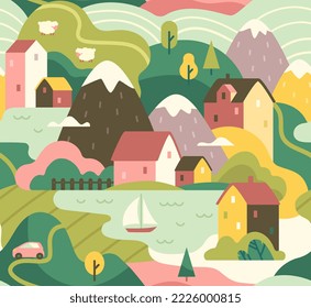 Seamless abstract landscape. Bright repeating pattern with houses, mountains, hills, vehicles, trees and lake. Scandinavian or nordic design element for children room. Cartoon flat vector illustration