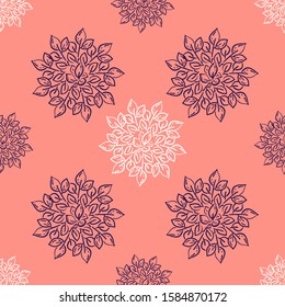 seamless abstract leaf pattern, foliage. floral Mandala. Vector Illustration doodle kids style design.Organic Element Creative Botany Concept. wallpaper, textile, wrapping paper. pink, hand drawing
