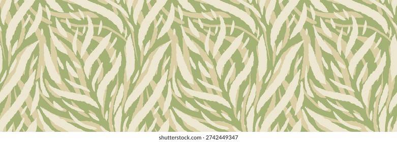 Seamless abstract leafy pattern with layered tropical foliage in soft beige, cream and olive green tones. Modern camouflage style for fabric, wallpaper and packaging design