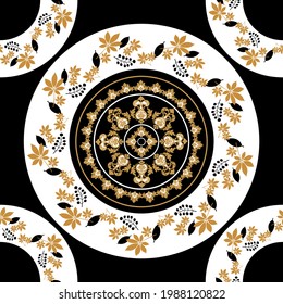 Hojas abstractas sin inconvenientes con un patrón de círculos sobre un fondo negro. Ilustración EPS10.