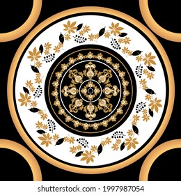 Seamless abstract leaves with circles pattern on a black background. EPS10 Illustration.