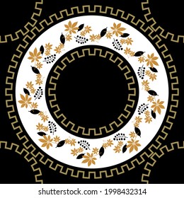 Seamless abstract leaves with circles pattern on a black background. EPS10 Illustration.