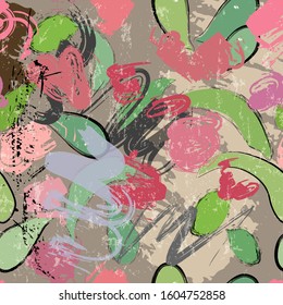 seamless abstract leaves composition, with strokes and splashes