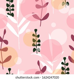 Seamless abstract leaves pattern on pastel geometric circle background vector illustration for wallpaper, wrapping,packaging design.
