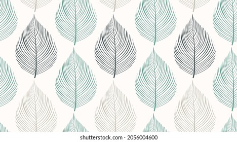 Seamless abstract leaves pattern on white background. Modern simple cute style leaf line drawing. Hand drawn botanical texture creative design. Suit for wallpaper, wrapping paper, printing, fabric