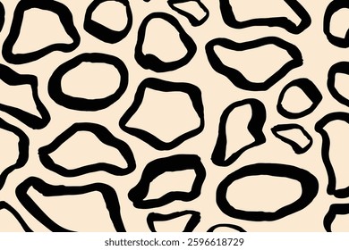 Seamless abstract leopard print pattern with irregular black spots on a beige background. Great for fashion, textiles, wallpaper, and modern designs.