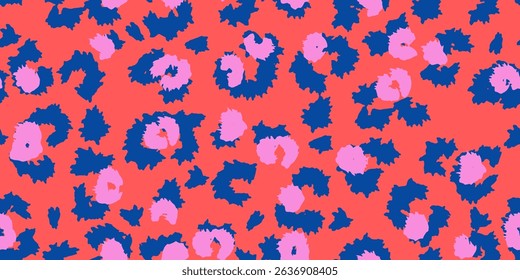 Seamless abstract leopard print pattern with bold coral background and playful blue and pink spots. Trendy vector design perfect for fashion, textile, packaging, and modern branding projects