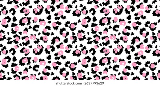 Seamless abstract leopard print pattern in bold black and pink tones on a white background. Trendy animal inspired design perfect for fashion, textiles, modern branding