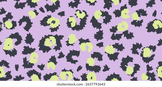 Seamless abstract leopard print pattern with purple, violet background and playful black and green spots. Trendy vector design perfect for fashion, textile, packaging, and modern branding projects