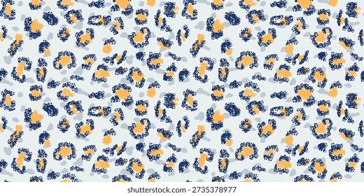 Seamless abstract leopard print vector pattern with textured navy and orange spots and soft gray accents on a light background. Modern animal texture for fashion, fabric and decor