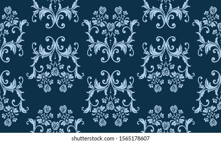Seamless abstract light blue floral pattern on a dark blue background.