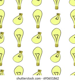 Seamless abstract light bulb illustrations background. Cartoon style vector graphic.
