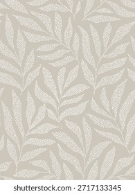 Vector abstracto inconsútil del cartel del follaje gris claro y blanco. Hojas, Formas orgánicas, colores terrosos, ramas de hojas. Diseño de ilustración para embalaje ecológico, interior, cubierta, Fondo de pantalla, mercado. Monocromo