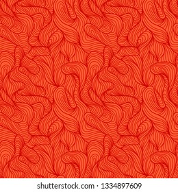Seamless abstract light hand drawn pattern, waves background. Yarn curly pattern living coral color