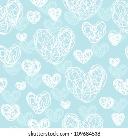 Seamless abstract light pattern with white hearts on gentle blue background. Template illustrated background for design card, cover, textile