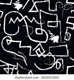 Seamless abstract line art pattern with chaotic hand drawn white brushstroke shapes on a black background. Expressive doodle lines in graffiti or neo expressionist style. Endless grunge tetxture.