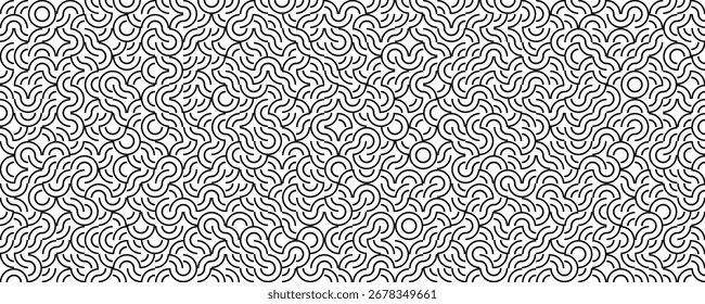 Seamless Abstract Line Pattern On White, Black Curved Arcs And Waves, Modern Minimal Background For Textile, Packaging, Branding, Wallpaper, Web And Print. Vector Illustration