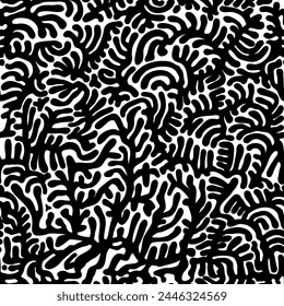 Seamless abstract linear bio virus vector laconic trend hand drawn ink pattern for fabric design, decor, ceramics, cards, flowers, texture print on white background