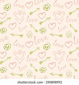 Seamless abstract love pattern. Doodle backdrop with hand drawn hearts and arrows. Textile texture. Vector illustration