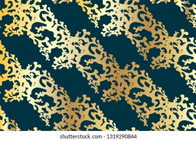 Seamless abstract luxury gold pattern ornament background on the blue backdrop. Vector EPS 10 illustration. 