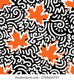 Seamless abstract maple leaf pattern with white doodles on black background. Bold autumn repeat design perfect for fabric, packaging, and seasonal merchandise.