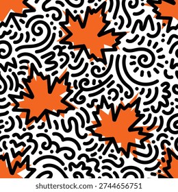 Seamless abstract maple leaf pattern with swirling doodle lines and spiral accents. Playful autumn repeat perfect for fabric, packaging, and seasonal branding.
