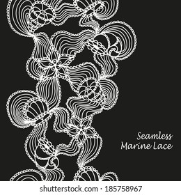 Seamless abstract marine lace with seashells, starfish, sea flowers, coelenterates white on black background