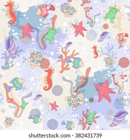 Seamless abstract marine life pattern .Seamless pattern with sea inhabitants on the background color blots,inks. Vector illustration.