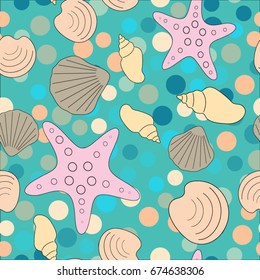 Seamless abstract marine life. Seamless pattern with the inhabitants of the sea, seashells on the background of color spots .Vector illustrations.