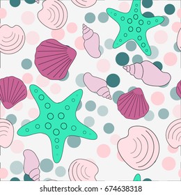 Seamless abstract marine life. Seamless pattern with the inhabitants of the sea, seashells on the background of color spots .Vector illustrations.