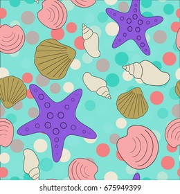 Seamless abstract marine life. Seamless pattern with the inhabitants of the sea, seashells on the background of color spots .Vector illustrations.