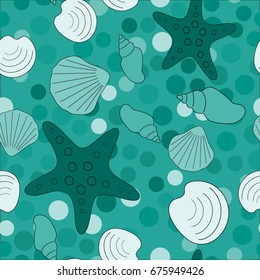 Seamless abstract marine life. Seamless pattern with the inhabitants of the sea, seashells on the background of color spots .Vector illustrations.