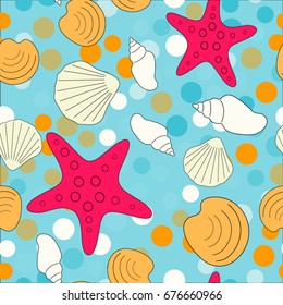 Seamless abstract marine life. Seamless pattern with the inhabitants of the sea, seashells on the background of color spots .Vector illustrations.