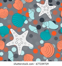 Seamless abstract marine life. Seamless pattern with the inhabitants of the sea, seashells on the background of color spots .Vector illustrations.