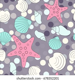 Seamless abstract marine life. Seamless pattern with the inhabitants of the sea, seashells on the background of color spots .Vector illustrations.
