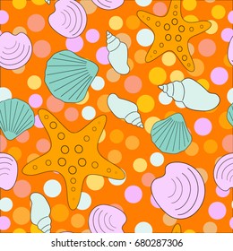Seamless abstract marine life. Seamless pattern with the inhabitants of the sea, seashells on the background of color spots .Vector illustrations.