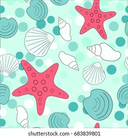 Seamless abstract marine life. Seamless pattern with the inhabitants of the sea, seashells on the background of color spots .Vector illustrations.