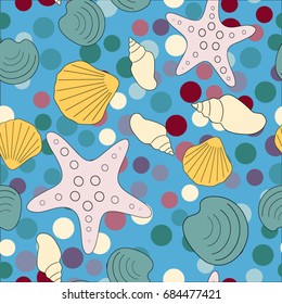 Seamless abstract marine life. Seamless pattern with the inhabitants of the sea, seashells on the background of color spots .Vector illustrations.