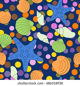 Seamless abstract marine life. Seamless pattern with the inhabitants of the sea, seashells on the background of color spots .Vector illustrations.