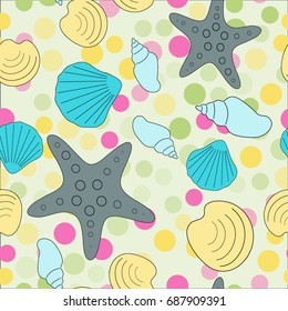 Seamless abstract marine life. Seamless pattern with the inhabitants of the sea, seashells on the background of color spots .Vector illustrations.
