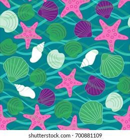 Seamless abstract marine life. Seamless pattern with the inhabitants of the sea, seashells on the background of color spots .Vector illustrations.