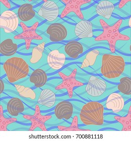 Seamless abstract marine life. Seamless pattern with the inhabitants of the sea, seashells on the background of color spots .Vector illustrations.