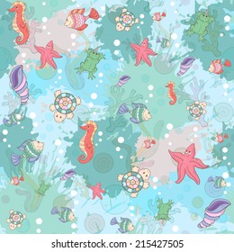 Seamless abstract marine life.Seamless pattern with sea inhabitants on the background color blots,inks. Vector illustration.