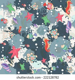 Seamless abstract marine life.Seamless pattern with sea inhabitants on the background color blots,inks. Vector illustration.