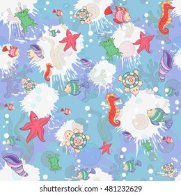Seamless abstract marine life.Seamless pattern with sea inhabitants on the background color blots blue,inks. Vector illustration.